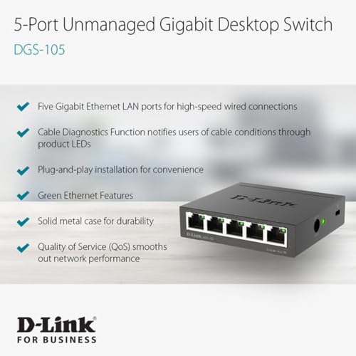 Image of D-Link DGS-105, 5 Port Gigabit Ethernet Switch Unmanaged, Network Splitter, Silent Fanless, Network Hub, Sturdy Metal with Shielded Ports, Desktop /Wall Mount, QoS, Energy Saving, Plug and Play
