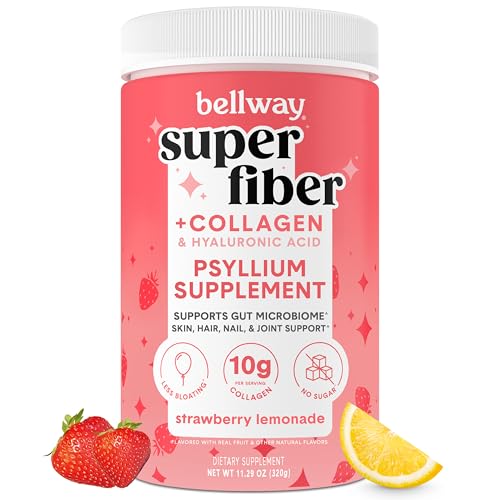 Bellway Super Fiber Powder + Collagen Sugar-Free Psyllium Husk Powder with Collagen Peptides and Hyaluronic Acid for Gut Health Healthy Skin Nails Bones & Joints Strawberry Lemonade (20 Servings)