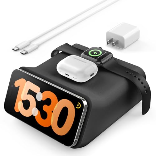 TOPGO 3-in-1 Wireless Charging Station for iPhone 17/16/15/14 Magnetic 15W Wireless Charger with 30W Adapter for Apple Watch Ultra, Airpods Compatible with Magsafe for iPhone Standby Mode Dock - Black