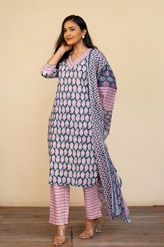 Image of MIRCHI FASHION Women's Straight Fit Pure Cotton Floral Printed Kurta Set with Dupatta and Pant