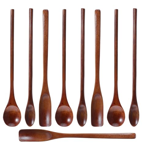 Alipis Juego de 9 cucharas mezcladoras de madera maciza - Utensilio para remover azúcar y miel - Cucharón asiático para sopas calientes y ramen - Cucharón antiadherente para recetas gourmet