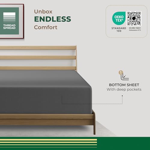 THREAD SPREAD 100% Organic Cotton Percale Weave Fitted Sheet Queen Size, Dark Grey, 1 Deep Pocket Queen Fitted Sheet, Fits Mattress Upto 16\" Crisp and Cool Bed Linen, Luxury GOTS Certified Sheets - Thumbnail 3