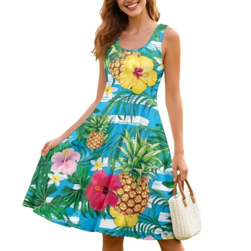 Image of Women Stylish Tank Dresses Sleeveless Round Neck Midi Casual Dress with Pocket for Summer