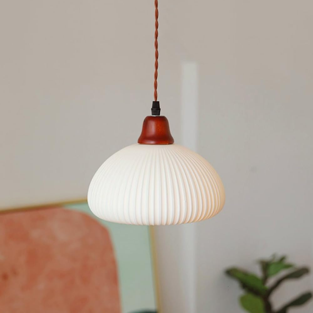 DONHEK White Ceramic Pendant Light Kitchen Island Hanging Lamp Wood Drop Ceiling Lighting Fixture with Ribbed Ceramics Shade Dining Table Lights Bedroom Bedside Suspended Lamps Star of Light
