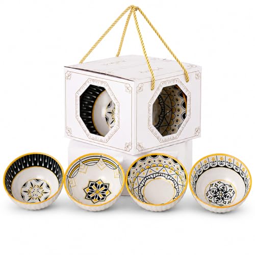 Image of YELONA Handcrafted Ceramic Dip Bowl Set of 4 with Gift Box | 300ml Japanese Style Snack, Sauce & Dessert Bowls | Microwave & Dishwasher Safe, Ceramic Dinner Set Bowls for Gifting (Golden Eclipse)