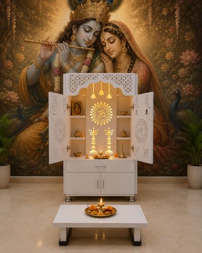 Image of Wooden Temple for Home with LED Light and Pooja chowki (Sitting Table), White Engineered Wood Pooja Mandir, 57 inch Height, Pre-Assembled