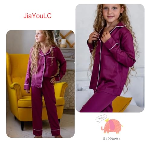 JiaYouLC Kids Pyjamas Girls Boys Short Sleeve Satin Pyjamas Button-Down Faux Silk Nightwear Children Sleepwear Teens Age 4-16 (UK, Age, 13 Years, 14 Years, Regular, Purple) - Image 7