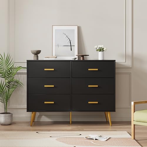 GarveeHome 6 Drawer Dresser, Modern Wooden Dresser with Gold Handles and Storage Space, Chest of Drawers for Bedroom, Hallway, Living Room and Entryway, Black