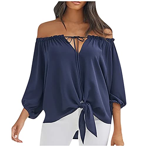 WANGXIYAN Women Summer Off Shoulder Tops Casual Loose T-Shirt Fashion Solid Color Elegant Blouse Short Sleeve Lace-up Tunic Navy, XX-Large