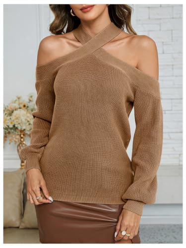 Image of MakeMeChic Women's Off The Shoulder Sweater Halter Criss Cross Pullover