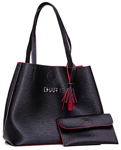 Bolsa Feminina Dhaffy Preto com Vermelho, Saco, Acompanha Necessaire. cor:vermelho;tamanho:G