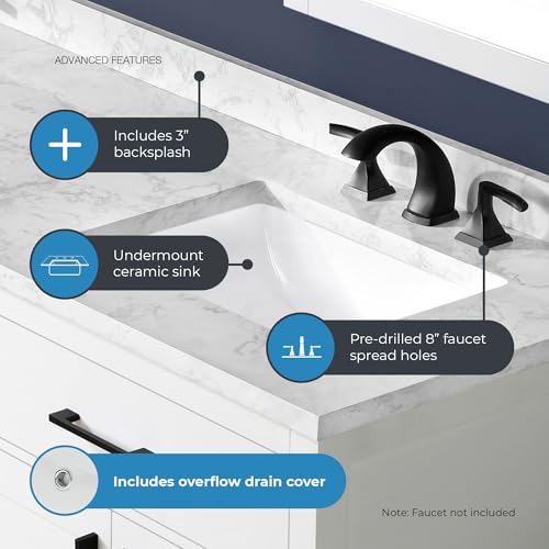 Image of OVE Decors Athea 72 in. Double Sink Freestanding White Bathroom Vanity with White Engineered Marble Top, Matching Backsplash, Power Bar and Matte Black Hardware