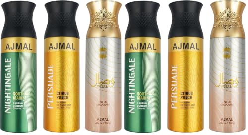 Image of Ajmal Nightingale and Persuade for Men & Women and Wisal for Women Deodorants each 200ML Combo pack of 6 (Total 600ML)