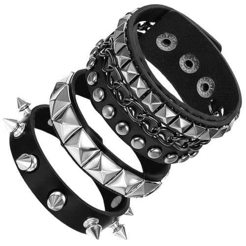 YUXIANLB 3 Stück Punk Rock PU Lederarmband, Punk Rock Armband Nietenarmband Gothic Breites Armband Manschette Verstellbare Armreif Kostümparty