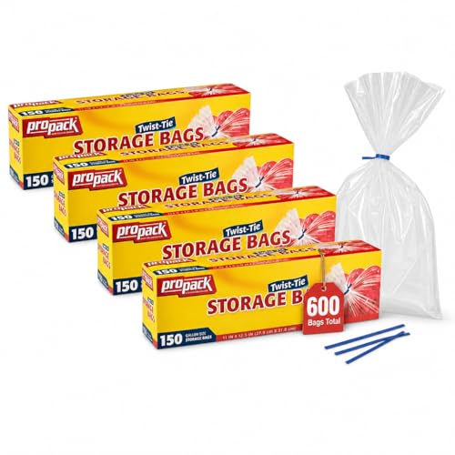 ProPack 1 Gallon Storage Bags with Twist Ties 600 Count - Clear Plastic Food Storage Bags for Sandwiches Snacks Fruit Produce & Freezer