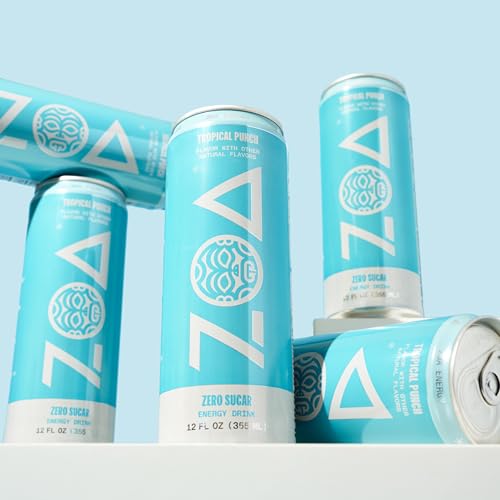 Image of ZOA Zero Sugar Energy Drink Variety Pack, Sugar Free with Electrolytes, Healthy Vitamin C, Amino Acids, Essential B-Vitamins, and Caffeine from Green Tea, 18 12 oz cans, White Peach, Tropical Punch, Frosted Grape