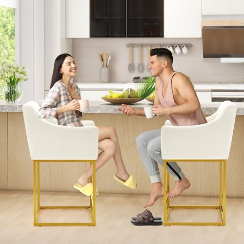 Image of WorthFurni 26 inch Counter Height Bar Stools Set of 2, Modern Counter Stools with Back, Linen Upholstered Barrel Barstools with Gold Metal Frames for Kitchen Island, Home Bar