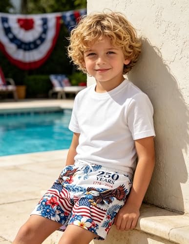 Image of Ithalt Boys 4th of July Swim Trunks 250 Anniversary USA Swimsuits American Flag Beach Swimsuit Toddler Swim Shorts