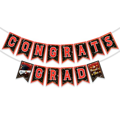 Image of Rozi Decoration Graduation Party Banner Set, Black and Red Decorative Banners Cardstock with Adjustable Ribbon, Congrats Grad Theme