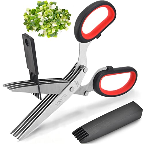 Image of Herb Scissors with 5 Blades & Cleaning Kit, Stainless Steel Kitchen Shears for Herbs, Lettuce, Cilantro, Dishwasher Safe, Soft-Grip Handle