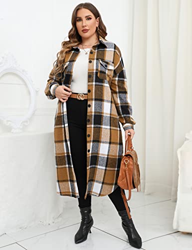 ZOMVA 2025 Women's 0X-5X Plus Size Long Flannel Plaid Shacket Jacket Oversized Button Down Coats Shirts with Pockets4