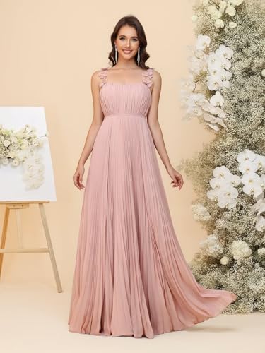 Chiffon Square Neck Bridesmaid Dresses Spaghetti Straps Long Aline Formal Dress PU3202
