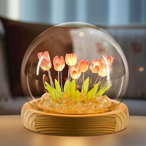 Image of DIY Tulip Night Light LED Decorations Lamp, Glass Artificial Tulips Flower, Bedroom Table Lamp, 9 Flowers, Children Girl Couple Friends Gift, Atmosphere Decoration Desk Ornament,Wooden