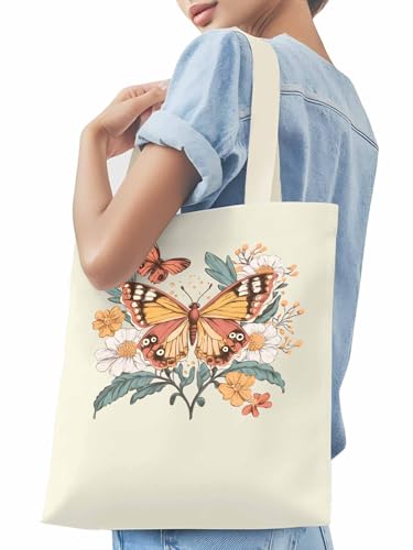 Boho Vintage Flower Butterfly Canvas Tote Bag, Aesthetic Canvas Tote Handbags for Women Shoulder Bag3