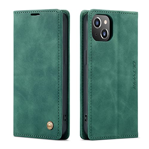 Coque iPhone 14 portefeuille antichoc étui cuir PU vert foncé QLTYPRI