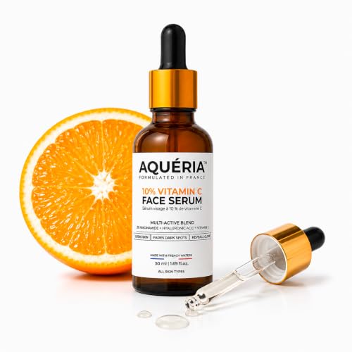 Image of Aqueria 10% Vitamin C Brightening Face Serum for Glowing Skin | 50ml | French Formulated Serum with 3% Niacinamide, Hyaluronic Acid & Vitamin E | For Dark Spots, Dull Skin & Uneveven Skin Tone