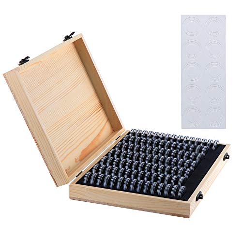 Kyrio Lot de 100 porte-pièces en bois avec capsules rondes en plastique pour collectionneurs de pièces de monnaie 18 mm/21 mm/25 mm/27 mm/30 mm