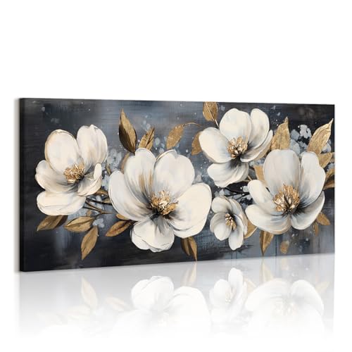 WENGTIAO Stampa su Tela Bianco Oro Floreale Con Cornice Grande Quadro su Tela Pittura Estetica Fiori Bianchi Foglie d'oro Quadro Moderno Soggiorno Camera da Letto Decorativo Parete 120x50 cm