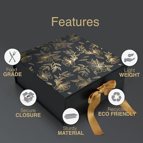 Image of RBS-Medium Black Magnet Gift Box 26x26x10cm Decorative Floral Gift Boxes for Presents (1 Pack) Box for Gift Packing Multipurpose Cardboard Box for Gift (Black Gold Floral MGT)