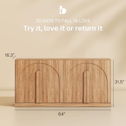 Image of BELLEZE Set of 2 Bijou 64 inch Modern Buffet Sideboard, Mid-Century Arch Carved Wood Door Cabinet, Textured Storage Console for Living Room, Kitchen, Entryway - Camel