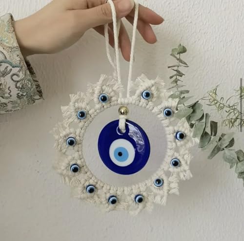 Image of White Macrame Evil Eye Wall Hanging for Home Decor & Nazar Protection | Big Turkish Evil Eye for Main Door Entrance | Handmade Boho Wall Hanging | Aesthetic Diwali & Housewarming Gift