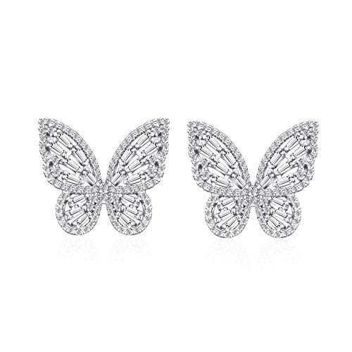 Silver Rhinestone Butterfly Earrings for Women Girls Gold Butterfly Earring Crystal CZ Cubic Zirconia Sterling Silver Cute Bow Stud for Mother Wife Lover Valentine's Day Gift Jewelry Prom Wedding Brides - Main Image