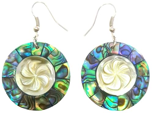 Paua Abalone Shell Earrings, Hand Carved Flower Mother of Pearl Earrings, Dangle Drop Round Abalone Shell Earrings for Women Jewelry CA138