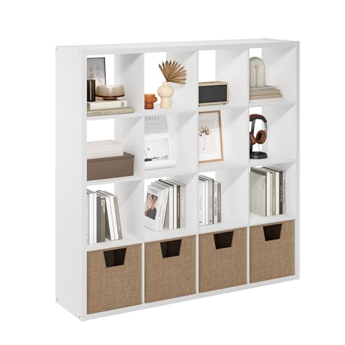 Furinno Cubicle Book Shelf, 16-Cube Bookshelf, Extra Thick Frame Reversible Bookcase with Open Back, 14.6' x 58' x 58', for Living Room, Bedroom, Home Office, White