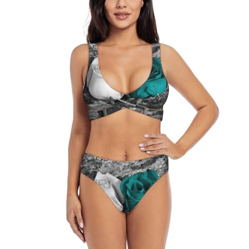 Maillot de bain deux pièces imprimé rose et bleu sarcelle résistant UV