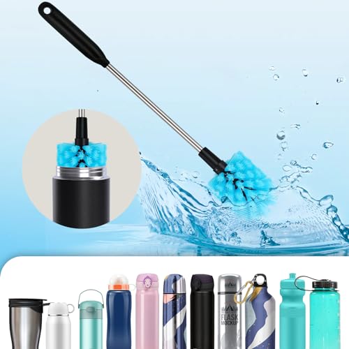 Image of Long Handled Water Bottle Brush, Multi-Purpose Bottle Scrubbing Brush, Soft Bottle Brush, Glassware Brush, Water Bottle Cleaner with Removable and Replaceable Brush Heads 15 in (1, Blue)