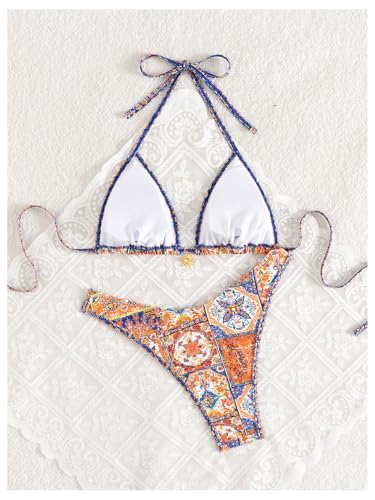 Women's Boho High Cut Bikini Sets Halter Triangle Padded Bathing Suit 2 Piece Retro Swimsuit2