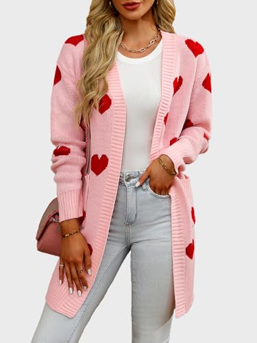 HOULENGS Women's Cute Heart Long Cardigan Sweaters V Neck Ribbed Knit Open Front Sweater Coats with Pockets3