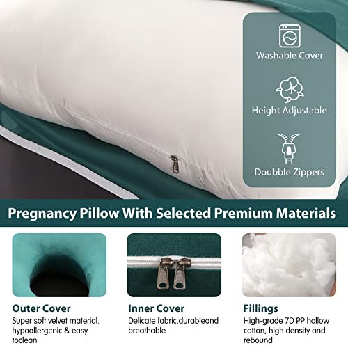 Image of U-Shaped Full Body Pregnancy Pillow for Sleeping - 57 inch Maternity Pillow with Removable Cover, Support for Back, Legs, Belly & Hips (Velvet-Dark Green)