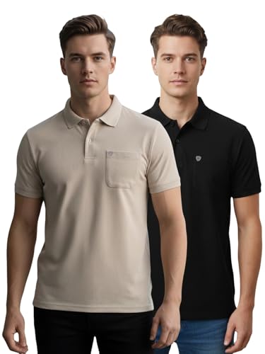Image of Lux Cozi Men's Cotton Blend Polo T-Shirt with Chest Pocket | Collar T-Shirts for Men | Half Sleeves | Plain - Regular Fit (Pack of 2)