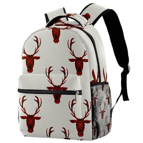 Sac à dos d'école pour filles et garçons motif renne en treillis 29.4x20x40cm