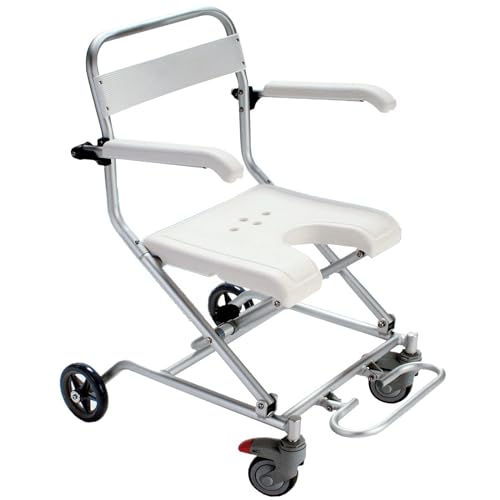 Silla de Ducha con Ruedas Plegable 2 en 1 Silla de Ruedas y Asiento de Baño para Personas Mayores o con Discapacidad Reposabrazos Abatibles Asiento en Forma de U 150kg de Carga