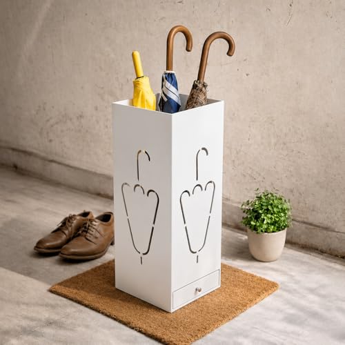 Image of Decorlay Wrought Iron Umbrella Stand Holder (White) for Entryway, Modern Metal Umbrella Rack for Canes, Walking Sticks & Golf Clubs, Indoor Floor Organizer for Home, Office & Living Room