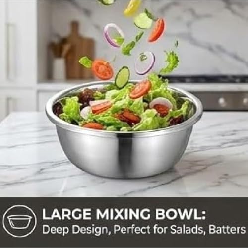 Image of 3IN1 Stainless Steel Basin Set with Colander Grater Lid 3-Piece Multi-Function Mixing Bowl for Washing, Stainless Steel Basin Set 26 CM (Pack of 1)