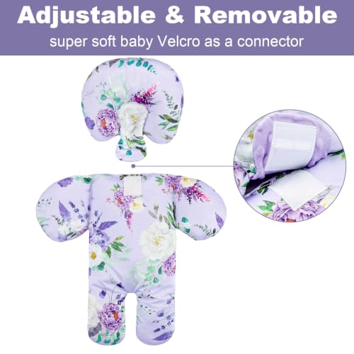 Image of Infant Car Seat Insert for Newborn Girls, Extra Thick & Soft Minky Preemie Car Seat Head Body Support Cushion with Strap Pads, Perfect for Stroller, Baby Bouncer, 2-in-1 Reversible, Purpke Floral