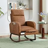 Tedyle Modern Nursery Rocking Chair with Footrest, PU Upholstered Glider Rocker Armchair with High Back, Padded Seat & Side Pocket for Living Room, Bedroom, or Baby Room – Brown